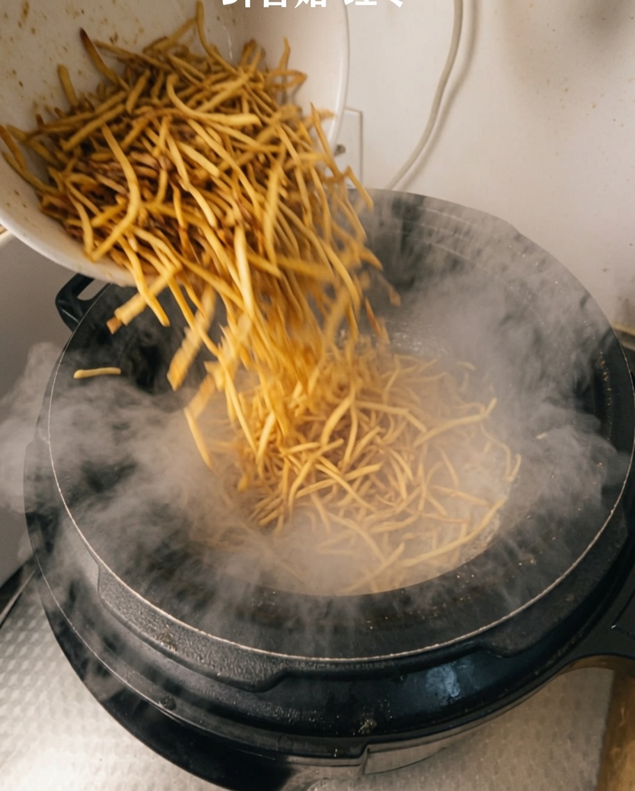 A variety of mushrooms and red dates being placed into the pressure cooker with the chicken.