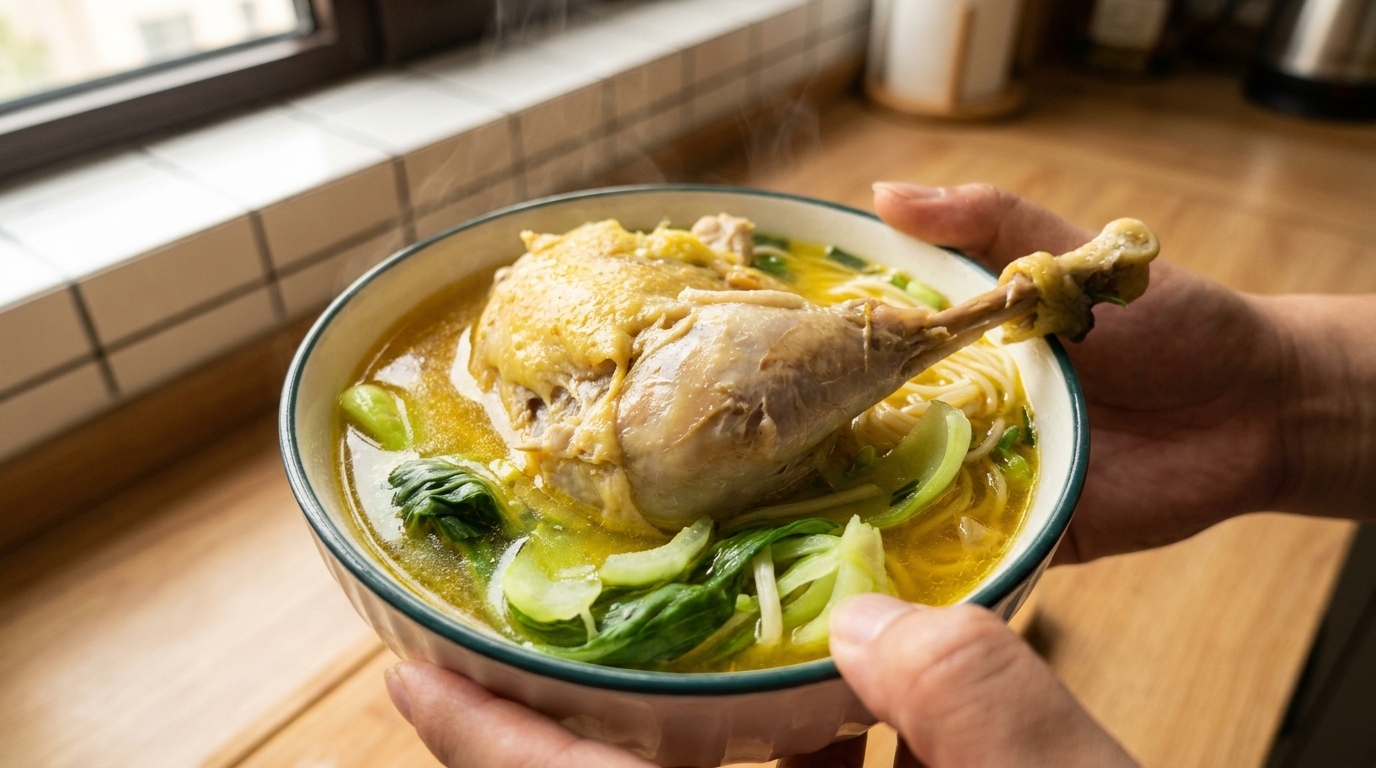 A bowl of old hen chicken soup with tender poultry, bok choy, and thin noodles in a rich, golden broth.