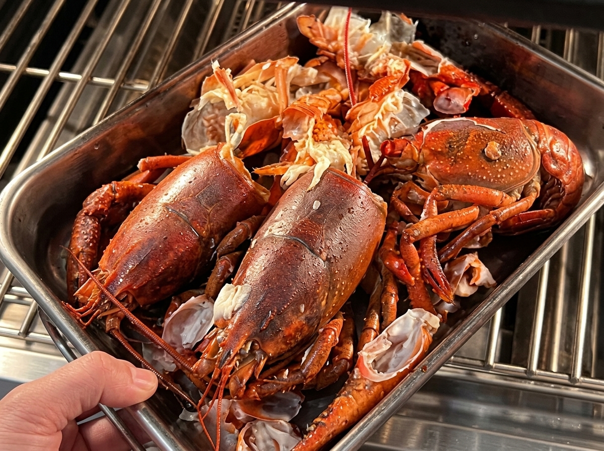 Leftover lobster heads and shells placed in a metal roasting pan ready for the oven.