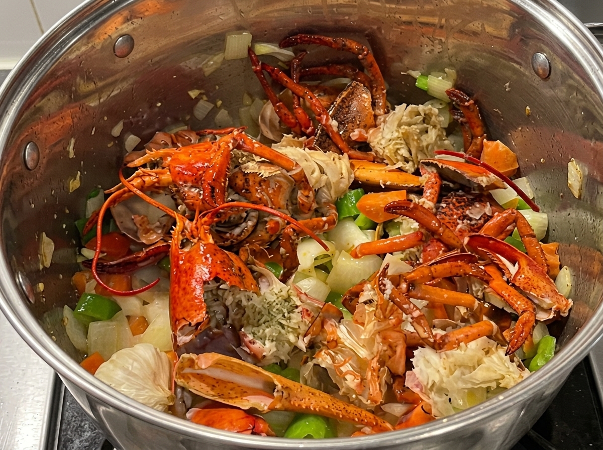 Roasted lobster shells mixed with sautéed mirepoix in a large pot.