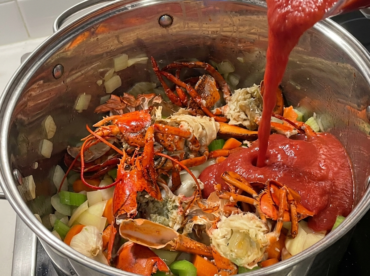 Red tomato puree being poured into a pot containing roasted lobster shells and vegetables.