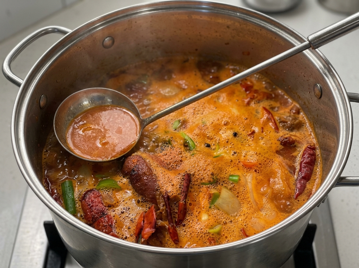 A ladle skimming the foam off the surface of a bubbling, red-colored lobster stock.