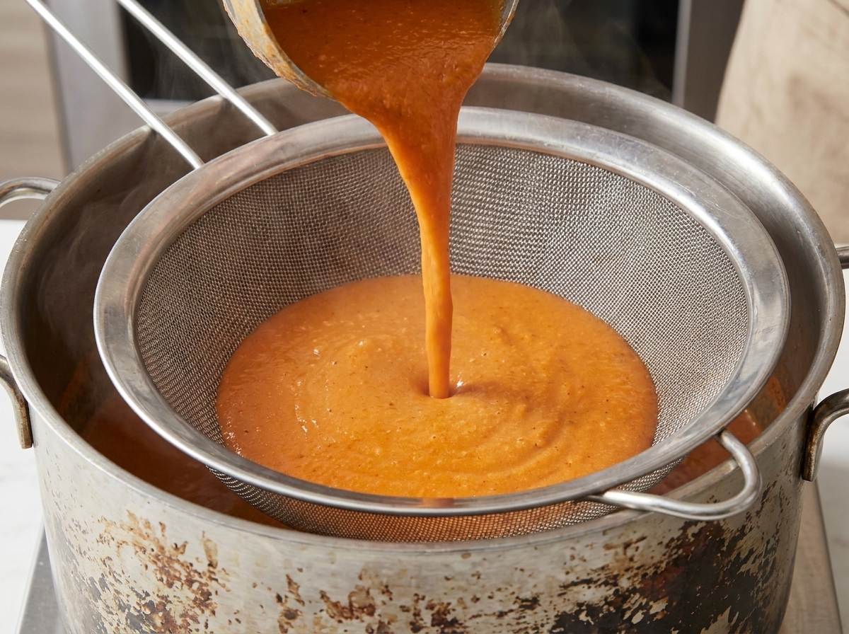 Deep red lobster stock being poured through a fine-mesh strainer into a clean metal pot.