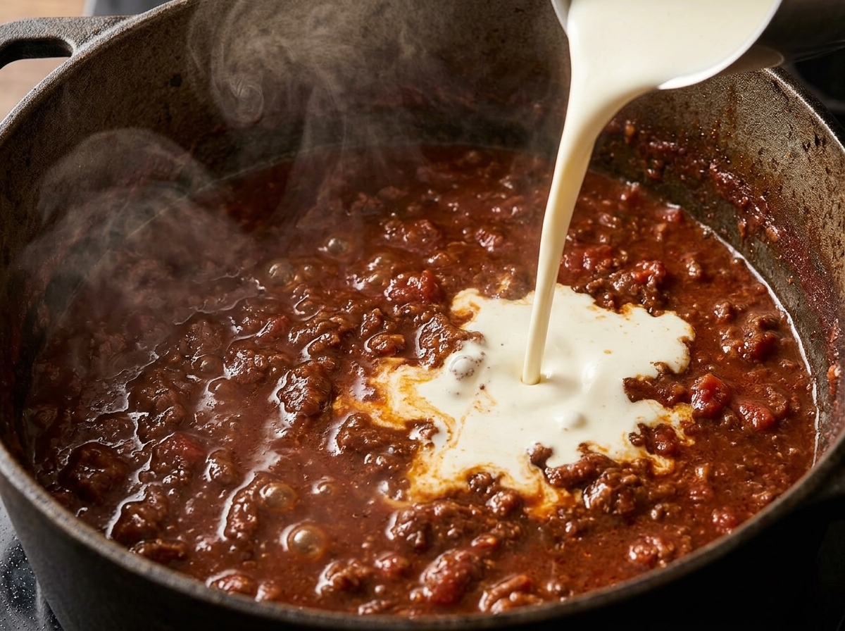 Heavy cream being poured into the concentrated, dark amber lobster reduction in a cast-iron pot.