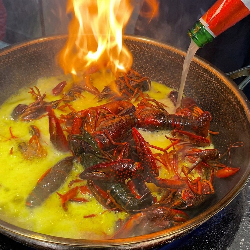 Beer being poured from a green bottle into a flaming wok full of crayfish.
