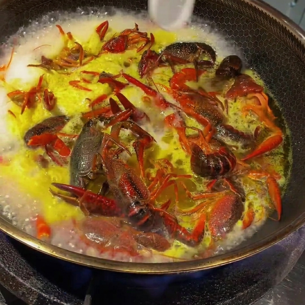 Adding white spoonfuls of salt and sugar to the bubbling crayfish broth.