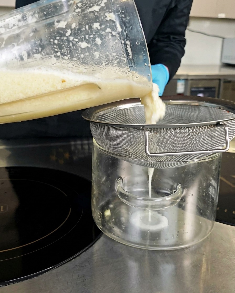 The blended garlic mixture being strained through a metal sieve into a glass pot.
