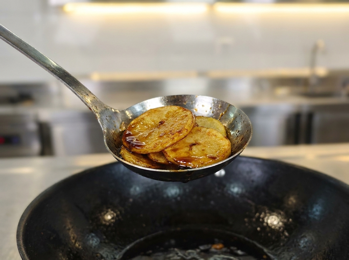 Ginger and garlic paste frying in a hot wok.
