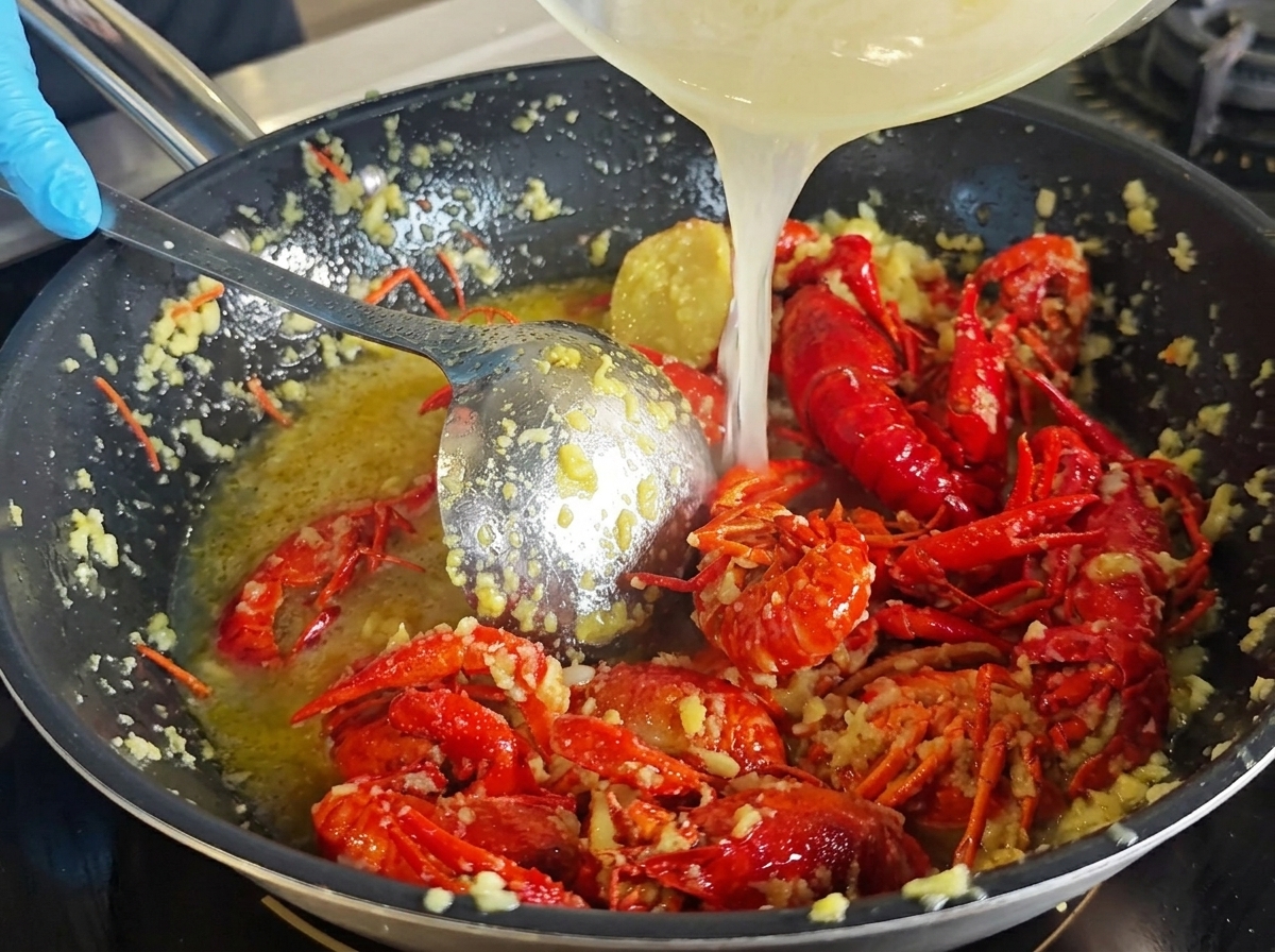Garlic-infused liquid being poured from a bowl into a wok containing bright red fried crawfish.