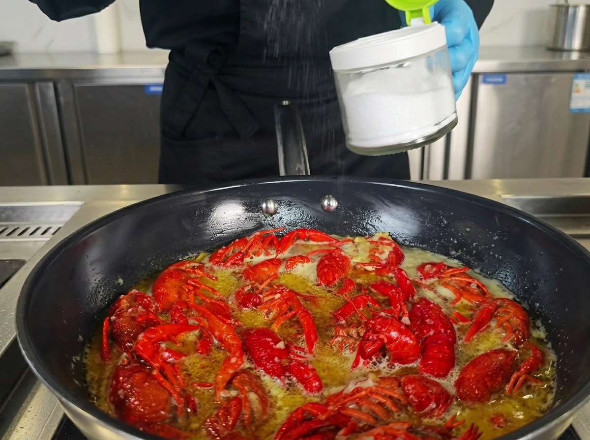 A chefs hand shaking seasoning from a small container into a wok filled with crawfish and aromatic sauce.