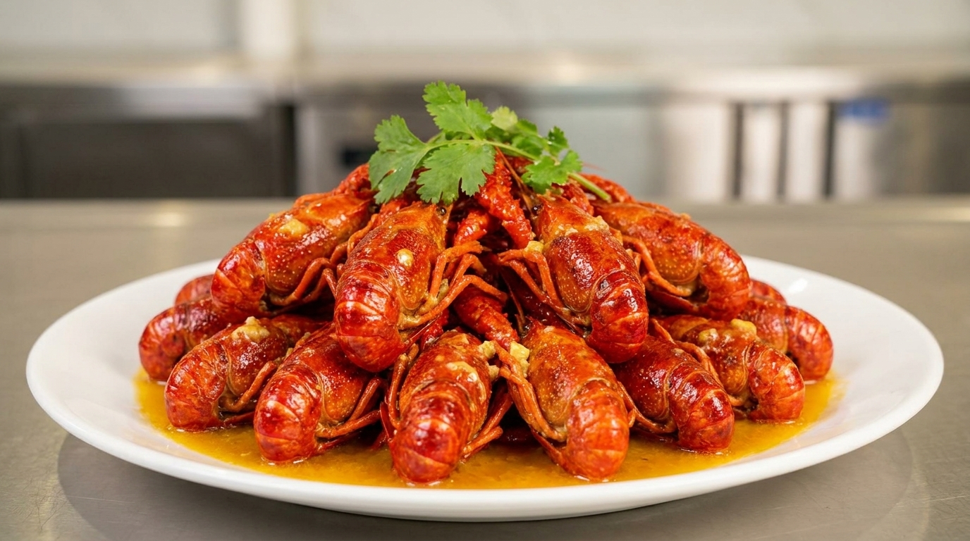 A vibrant heap of freshly cooked, bright red crawfish coated in a rich, golden garlic sauce and garnished with fresh cilantro.