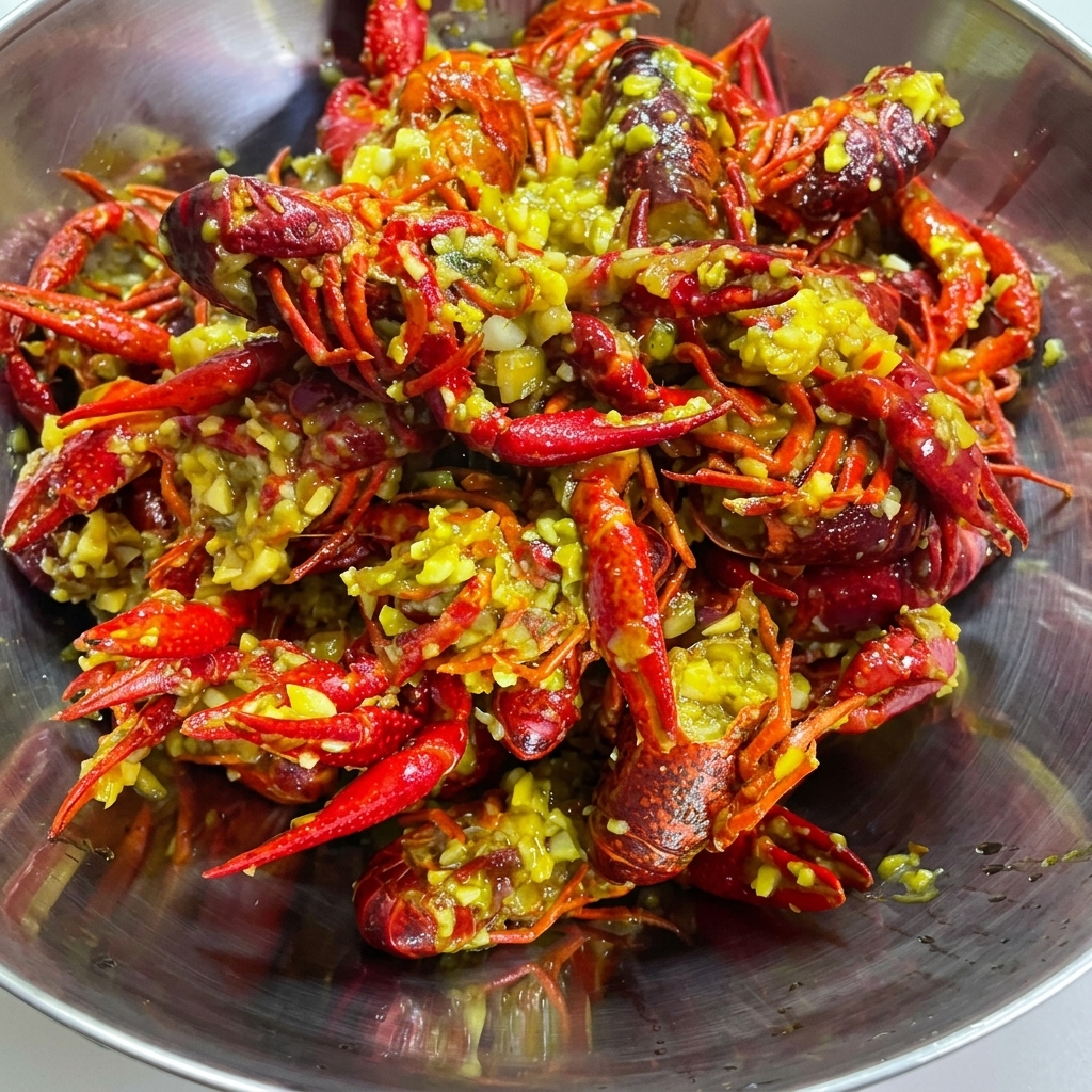 A close-up view of cleaned, fresh raw crawfish in a metal bowl.