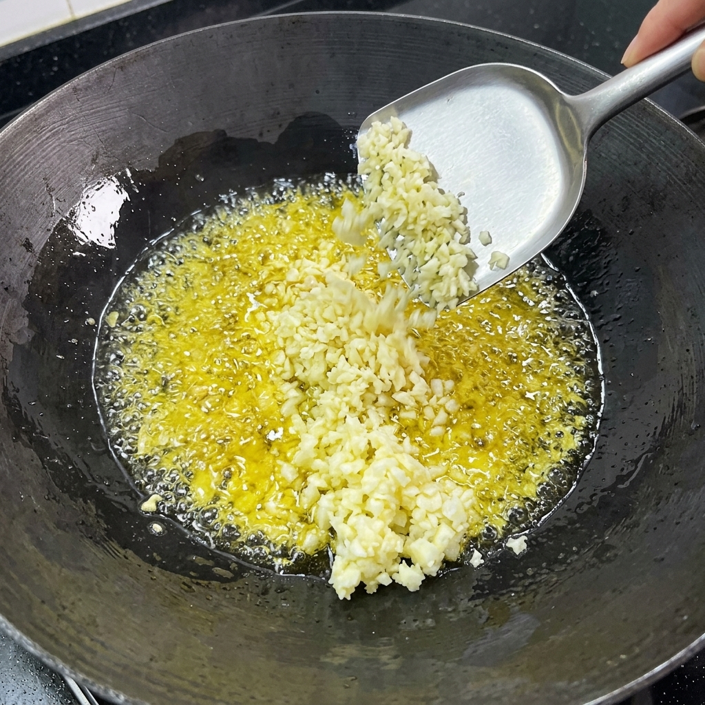 Minced garlic being fried in hot oil in a wok.