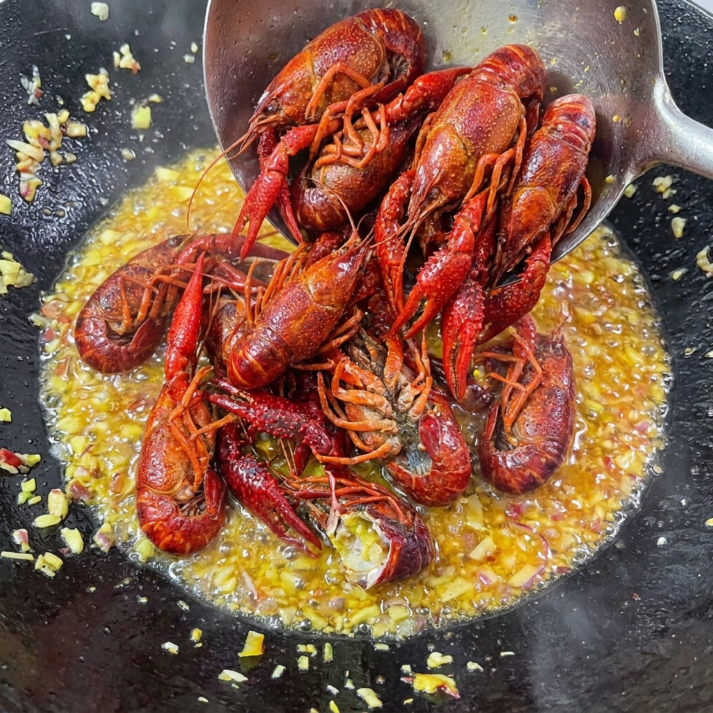 Blanched crawfish being mixed with the fried garlic and chili base in the wok.