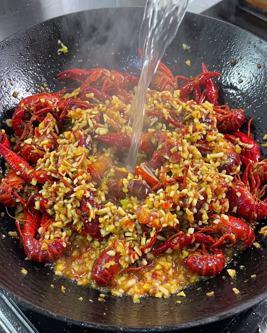 Beer and water being poured into a wok containing cooked crawfish and a garlic-based sauce.