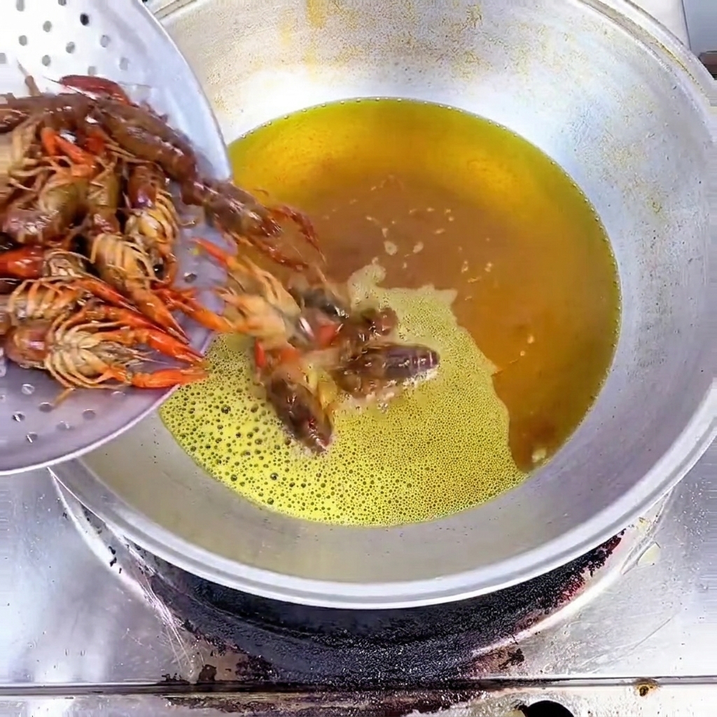 Raw crayfish being poured into a wok of hot yellow oil from a metal strainer.
