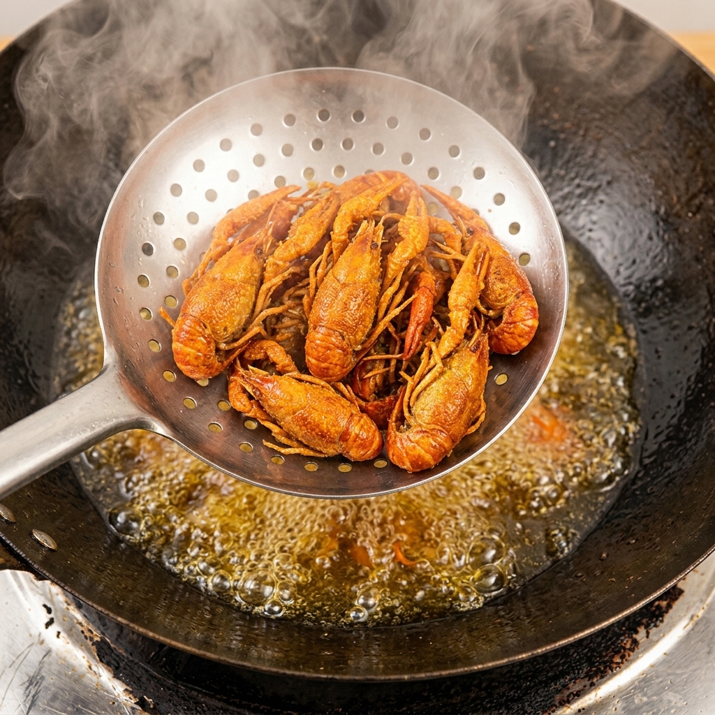 Deep-fried crayfish being lifted out of hot bubbling oil in a wok using a metal skimmer.