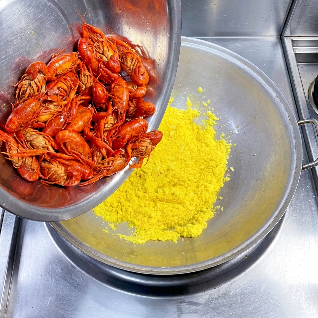 Pre-fried orange crayfish being poured into a wok containing cooked minced garlic.