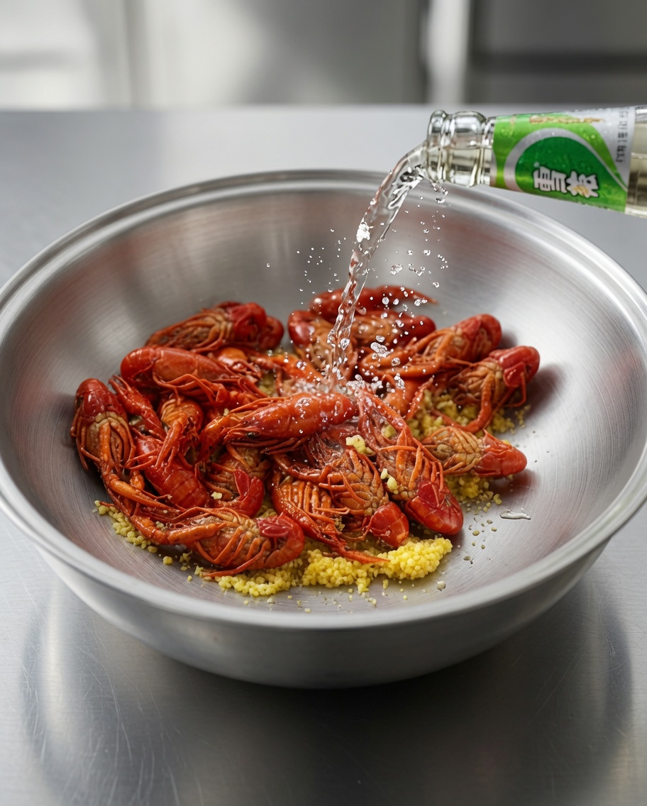 Clear liquid being poured from a green glass bottle over red crayfish and yellow minced garlic in a wok.