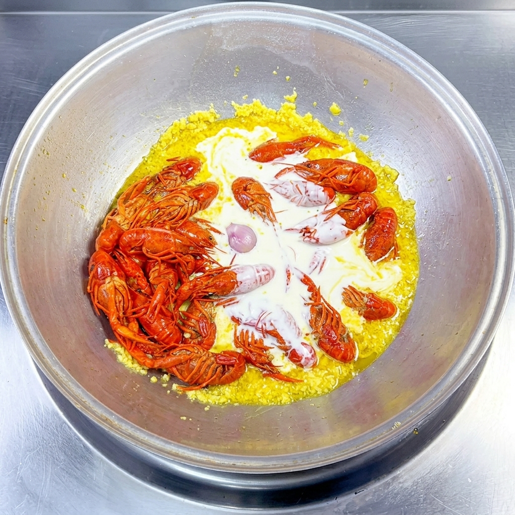 White milk being poured and mixing with red crayfish and yellow garlic in a wok.