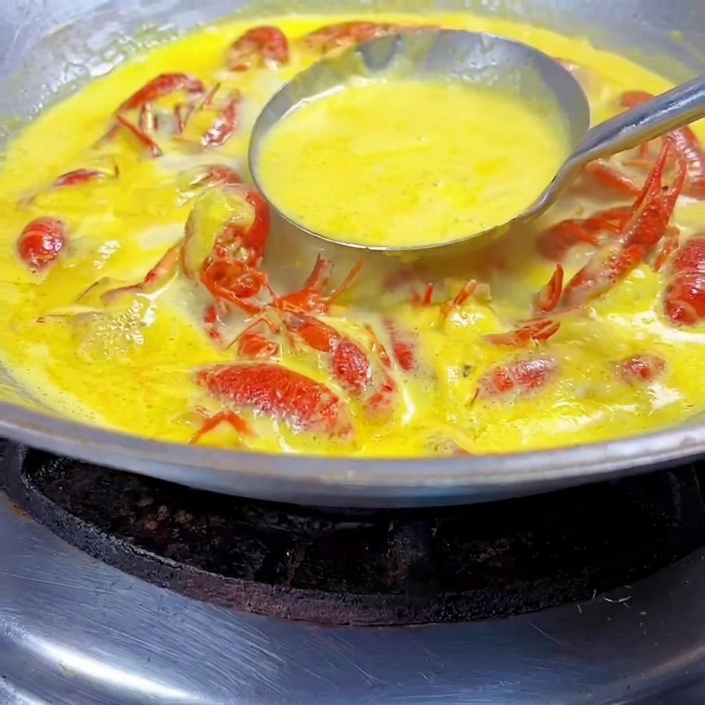 A ladle stirring a thick, vibrant yellow creamy sauce in a large wok with cooked crayfish.