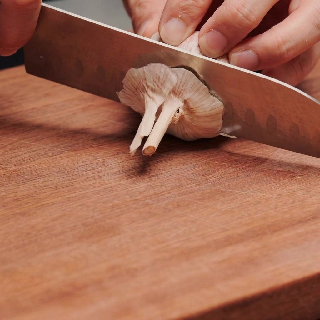 A sharp chefs knife slicing off the bottom end of a whole garlic bulb on a wooden cutting board.