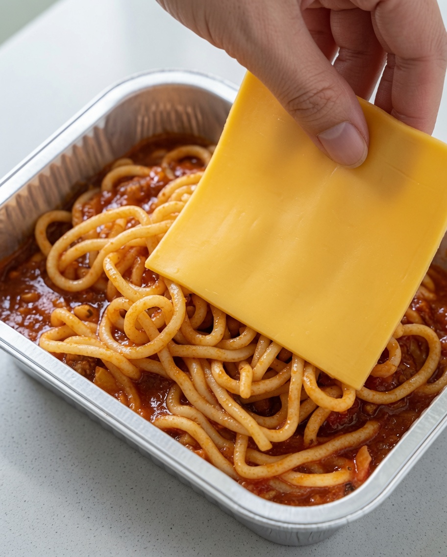 Two slices of square yellow cheese placed neatly on top of spaghetti coated in tomato sauce.