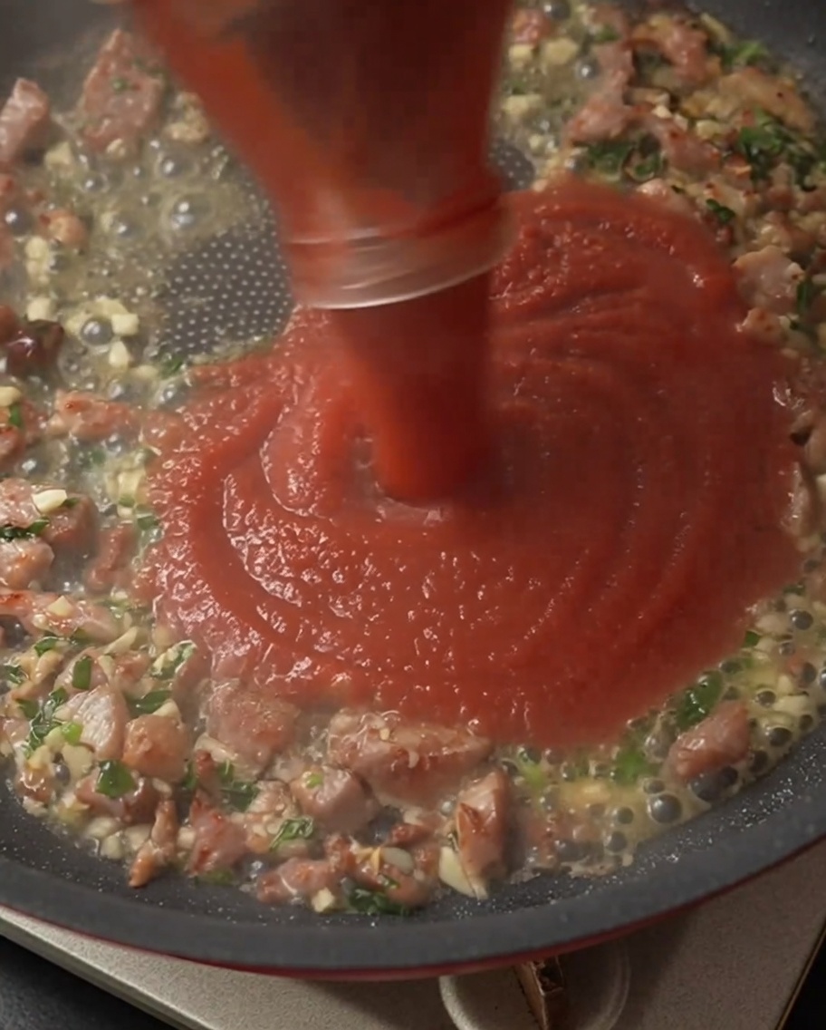Red tomato sauce being poured from an inverted plastic jar into the frying pan.