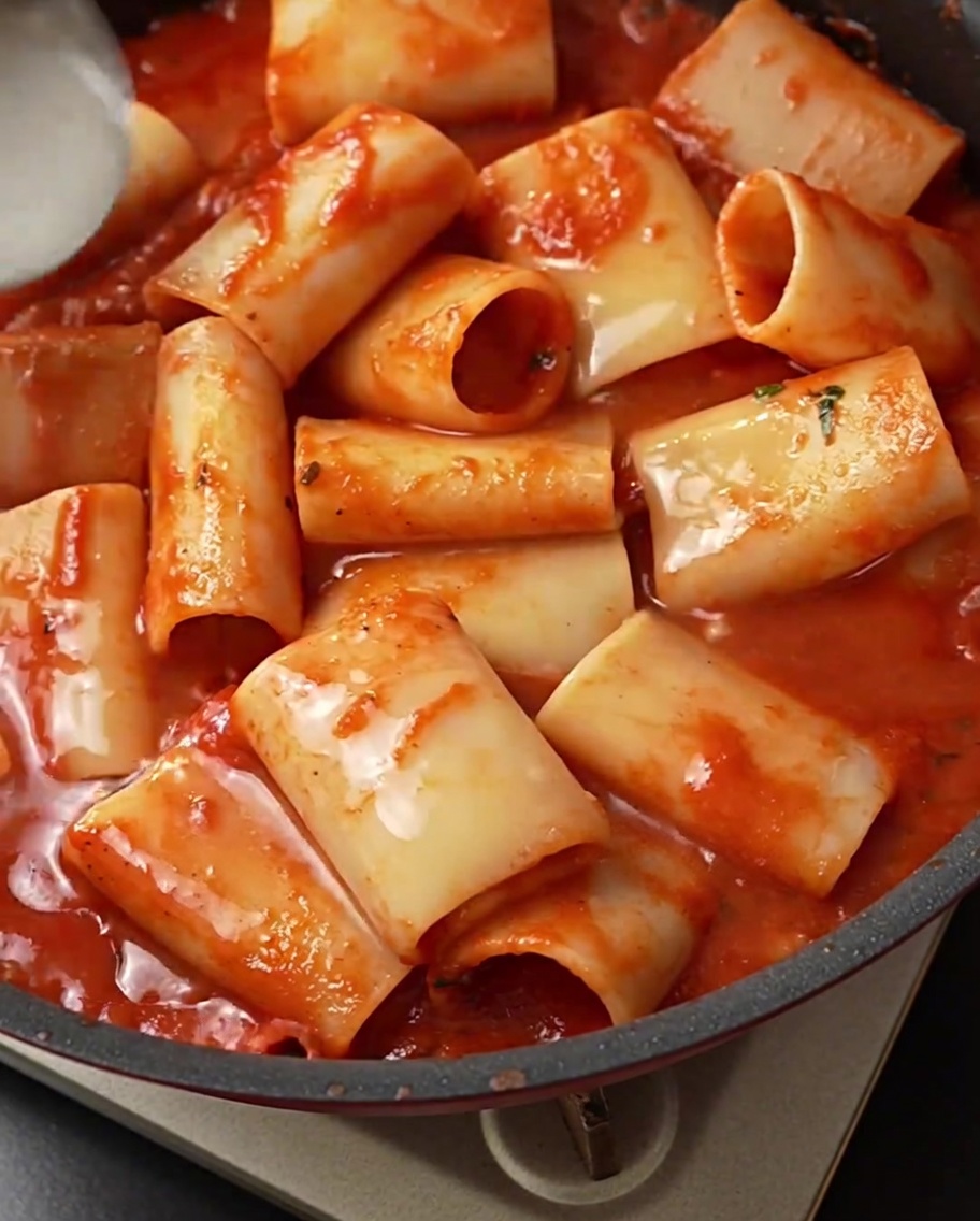 A ladle pouring cloudy pasta water into the pan with pasta and tomato sauce.
