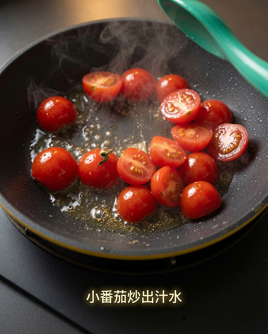 Halved cherry tomatoes cooking in a pan, softening and releasing their juices.