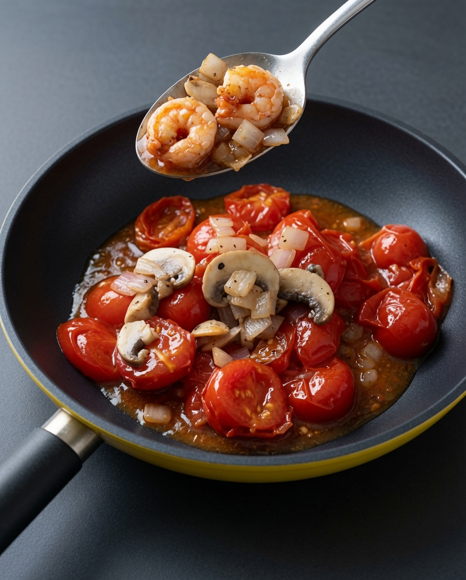 A pan containing sautéed cherry tomatoes, where pre-cooked shrimp, onions, and mushrooms are being added back in.