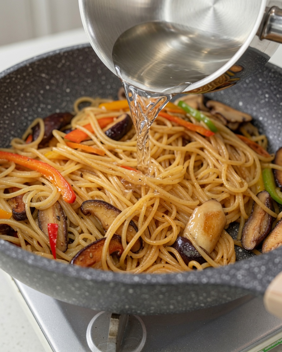 Water being poured from a small stainless steel saucepan into the main cooking pan containing the pasta and vegetables.
