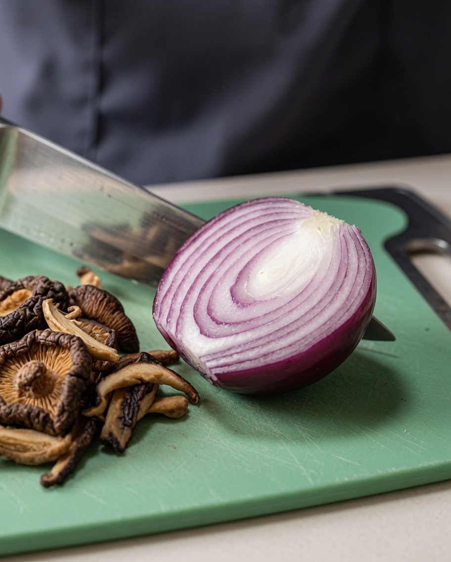 A red onion being sliced on a cutting board, showing distinct layers and thin strips.