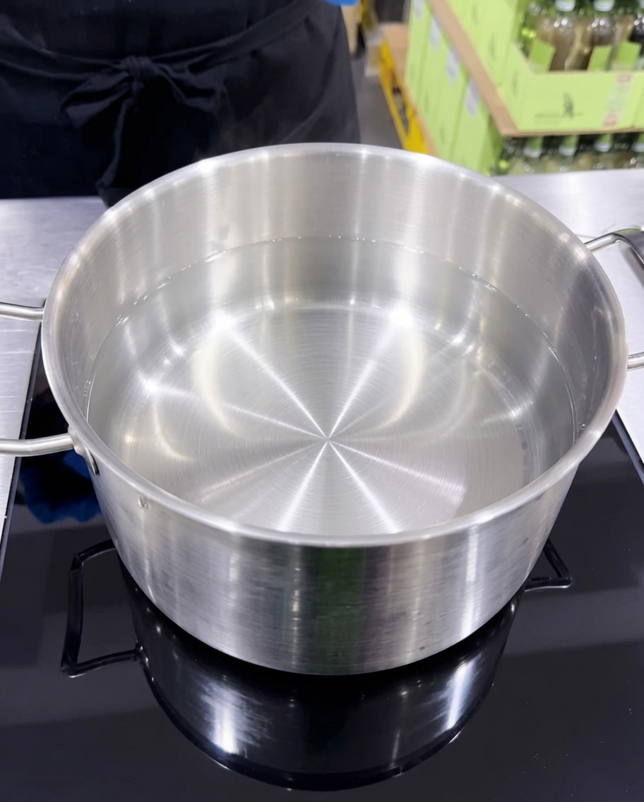 A large pot of boiling water being seasoned with salt and oil.