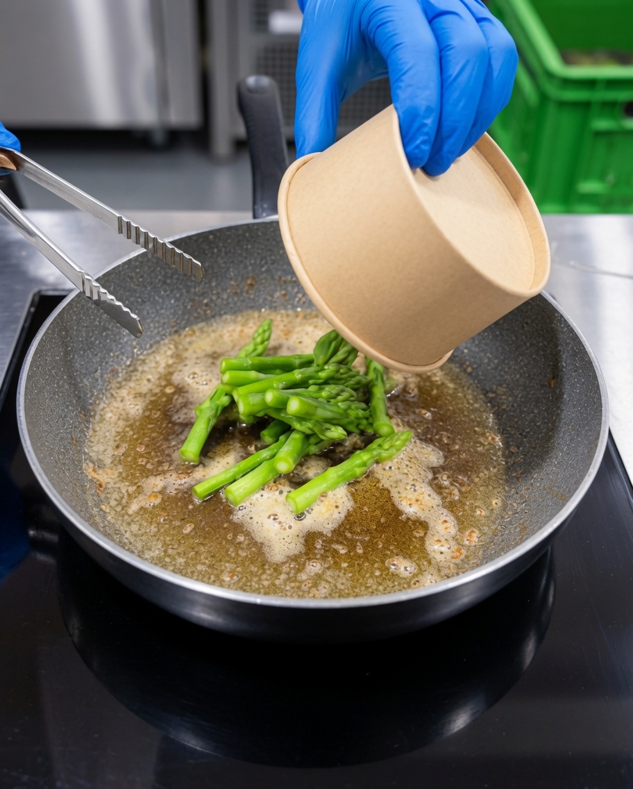 Fresh green asparagus stalks being sautéed in the flavorful shrimp oil.