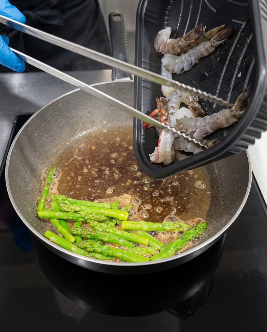 Peeled black tiger shrimp being added to the pan to cook alongside the asparagus.