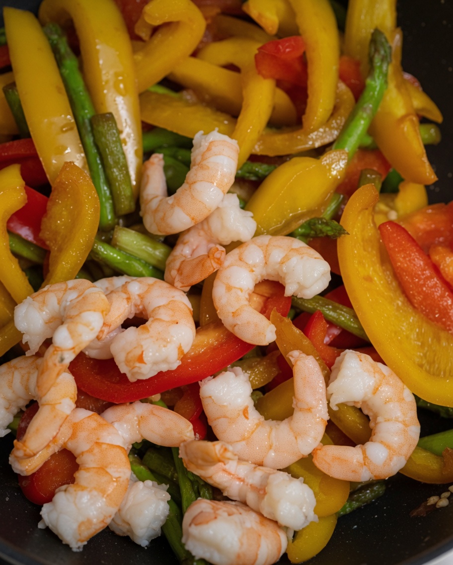 Plump, pre-cooked pink shrimp mixed with colorful bell peppers and asparagus in a skillet.
