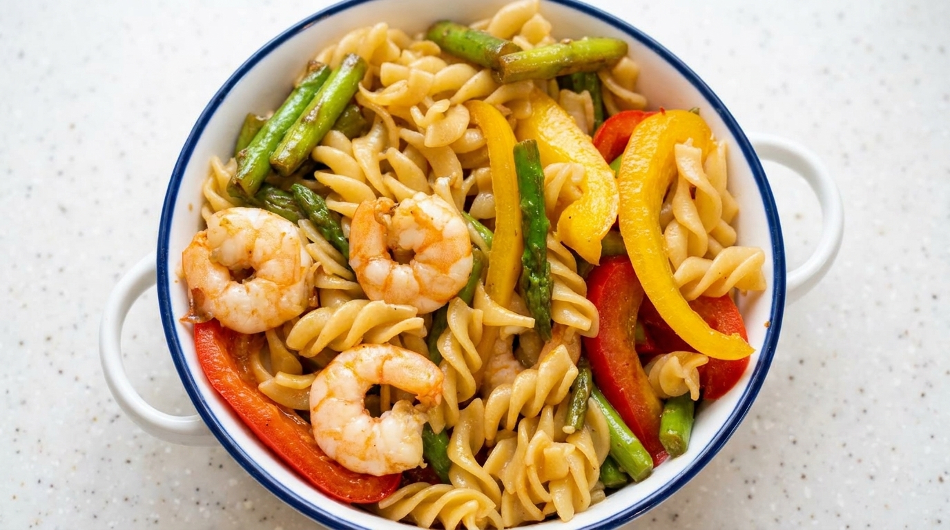 A bowl of stir-fried rotini pasta tossed with vibrant green asparagus, bright bell peppers, and tender shrimp.