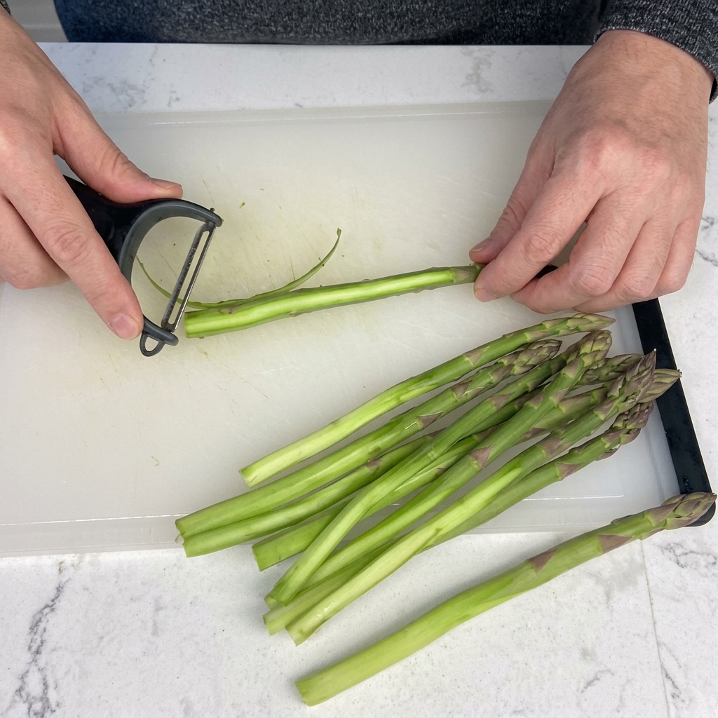 Asparagus stalks being peeled with a vegetable peeler on a white cutting board.