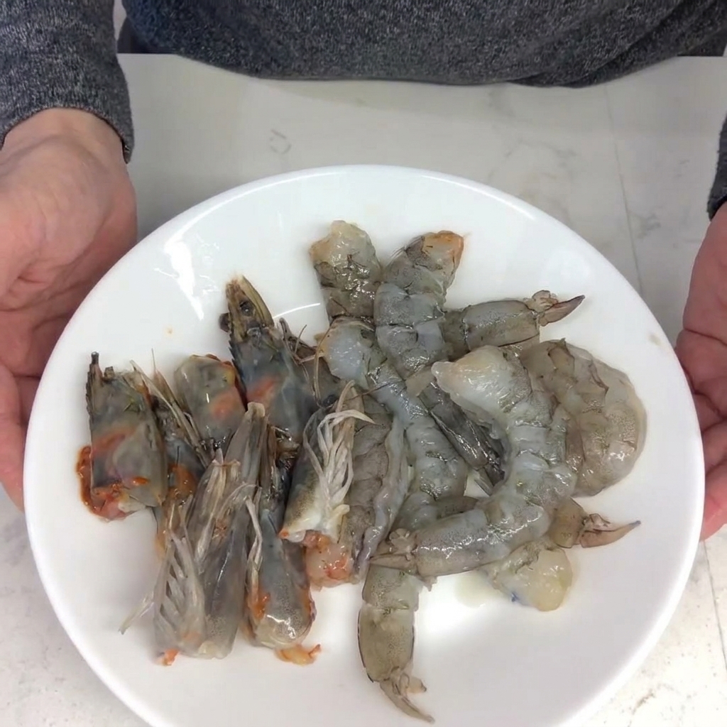 Fresh shrimp being manually peeled and deveined on a white plate.