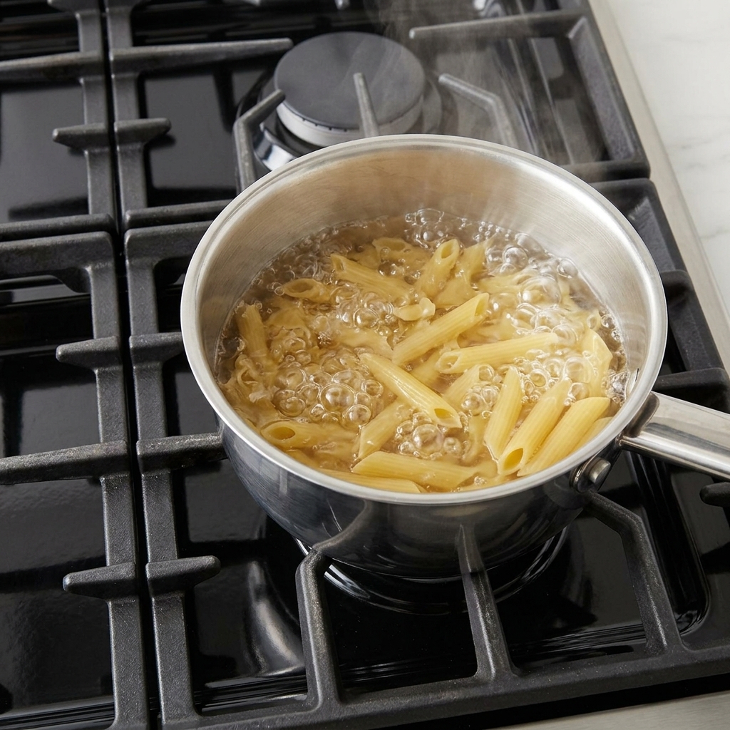 Rigatoni pasta being added to a pot of boiling salted water on a stove.