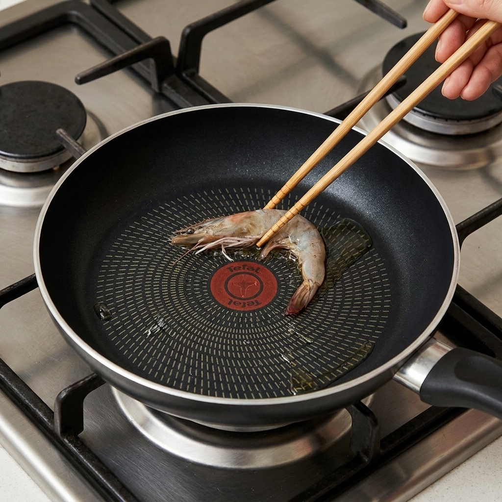 Close-up of shrimp heads sizzling in oil in a pan, turning a vibrant orange-red.