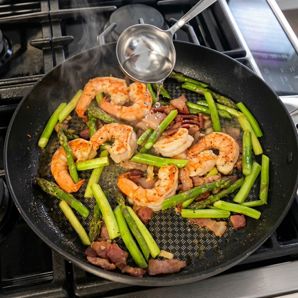 Two ladles of pasta cooking water being poured into the pan to simmer with the shrimp, bacon, and asparagus.