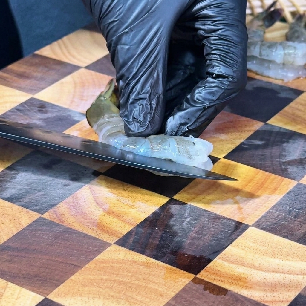 A person wearing black gloves using a chefs knife to devein a raw shrimp on a wooden checkerboard cutting board.
