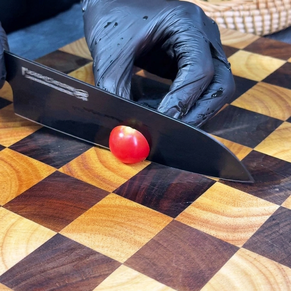 A sharp black knife slicing a bright red cherry tomato in half on a checkered wooden cutting board.