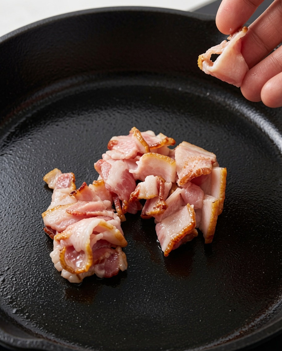A hand dropping pieces of sliced raw bacon into a dark cast iron skillet.