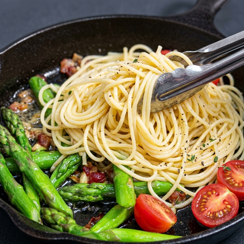 Boiled pasta being added to a pan filled with sautéed vegetables, ready to be tossed together.