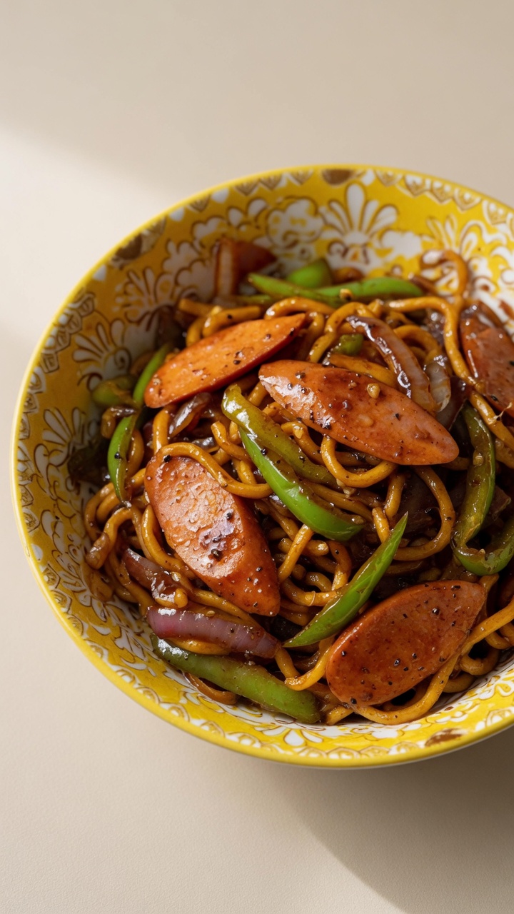 A bowl of stir-fried noodles with ham, green bell peppers, and onions in a dark, savory glaze.