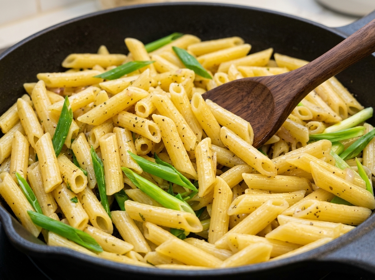 Penne pasta being stir-fried with black pepper sauce and green sprouts in a cast iron skillet using a wooden spatula.