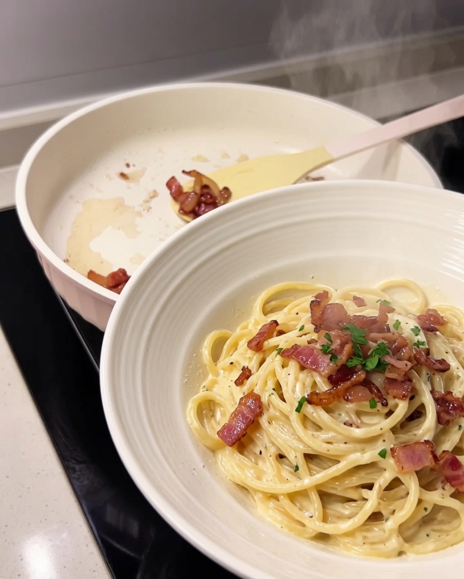 Crispy fried guanciale pieces being moved from the pan into a small bowl.